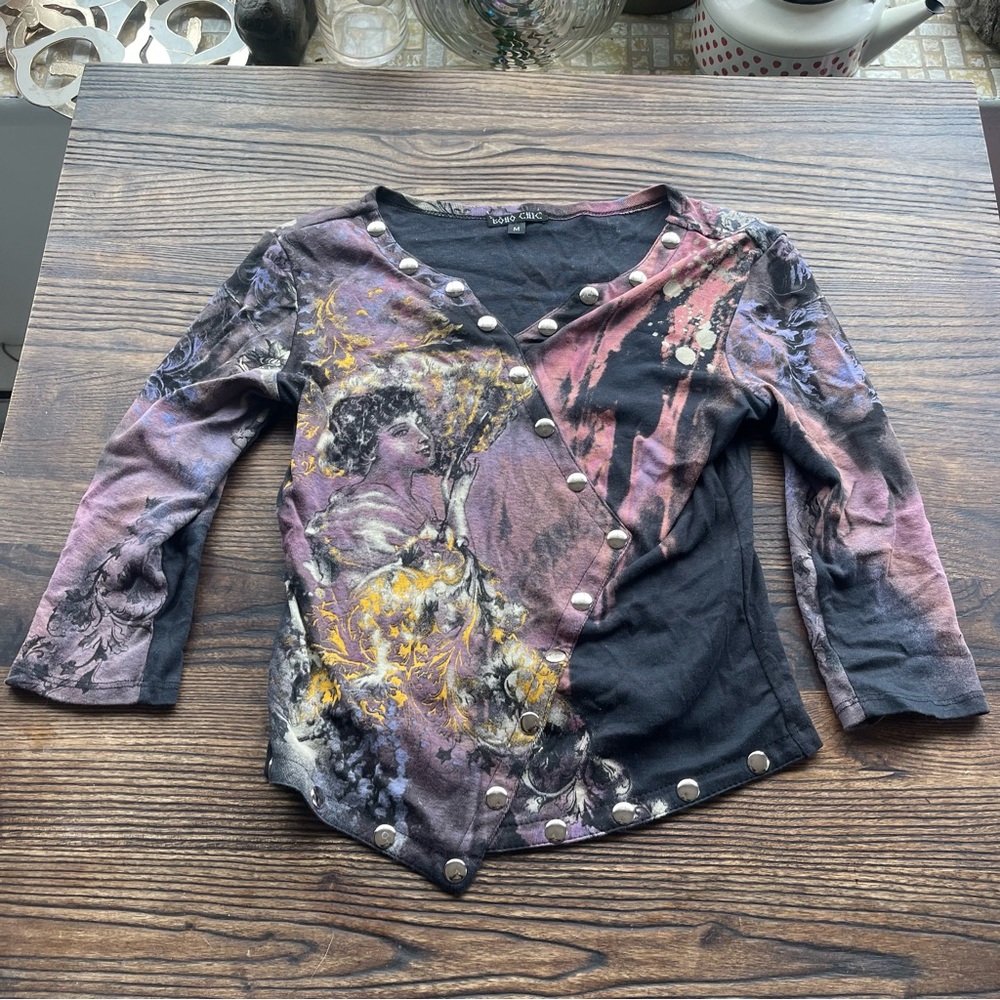 Boho Chic y2k Mixed-Print Art Studded Long Sleeve Tee in Black & Purple